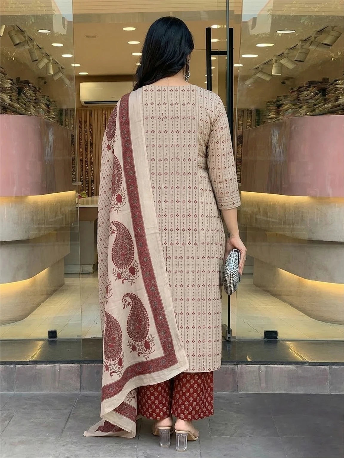Maroon Paisley Printed Kurta Pant Dupatta Set For Women
