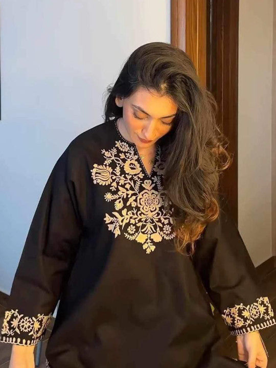 Embroidery Black Cotton Kurta Set with Palazzo Pants