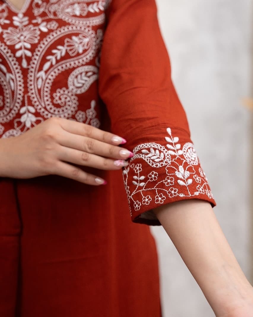 Premium Embroidered Cotton Kurti, Pants and Dupatta Set