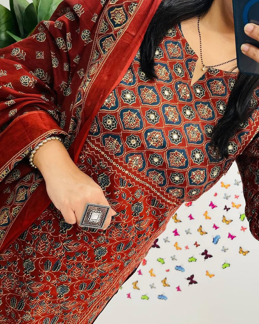 Rust Red Ethnic Printed Kurta Set with Dupatta