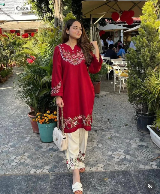 Red Embroidered Kurta Pant Set for Women