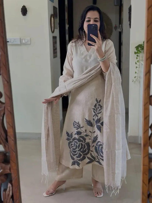 Ivory Bloom Hand-Painted Kurta Set with Dupatta