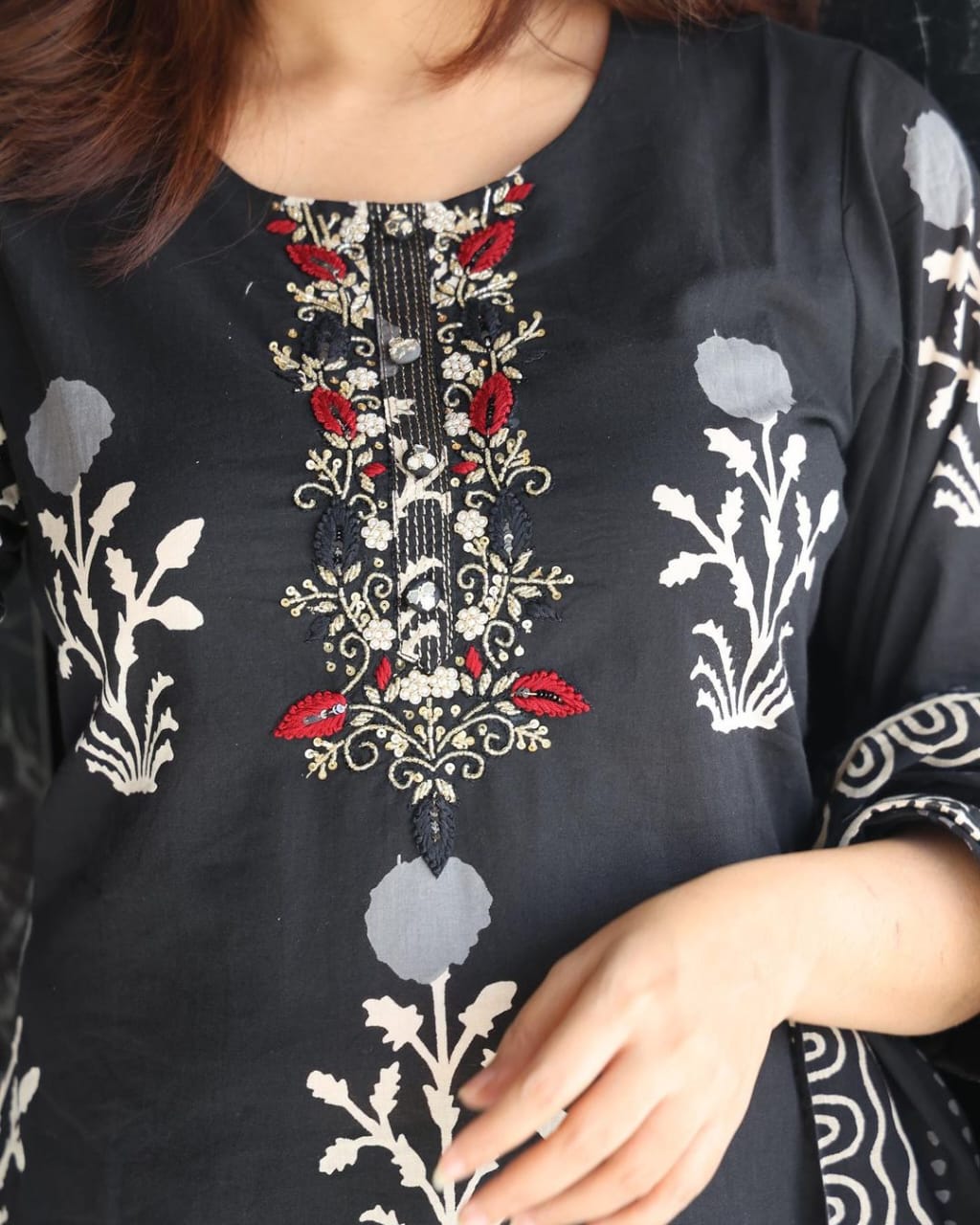 Midnight Black Floral Printed Kurta Set with Dupatta