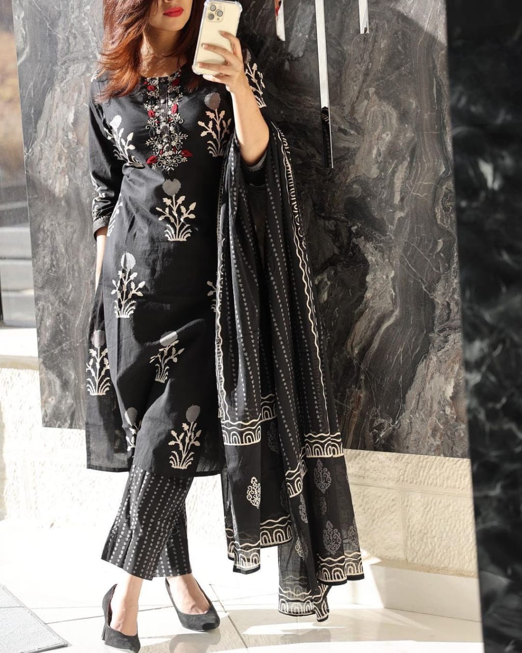 Midnight Black Floral Printed Kurta Set with Dupatta