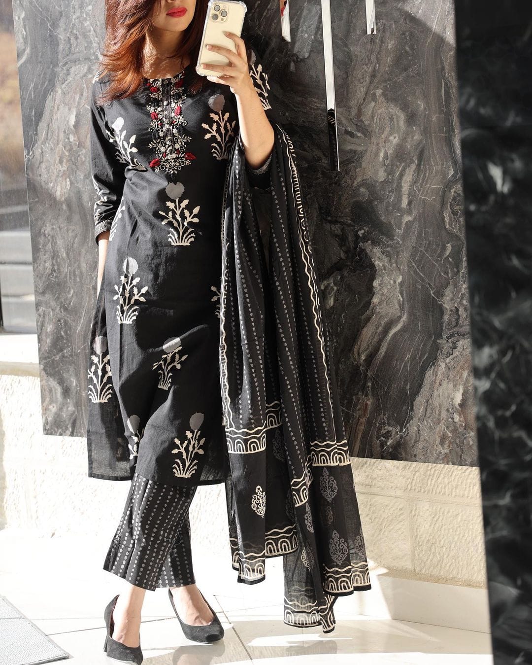 Midnight Black Floral Printed Kurta Set with Dupatta