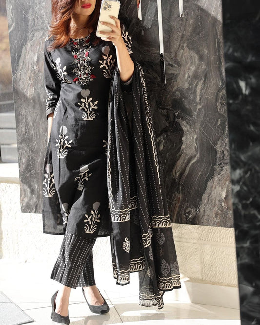 Midnight Black Floral Printed Kurta Set with Dupatta