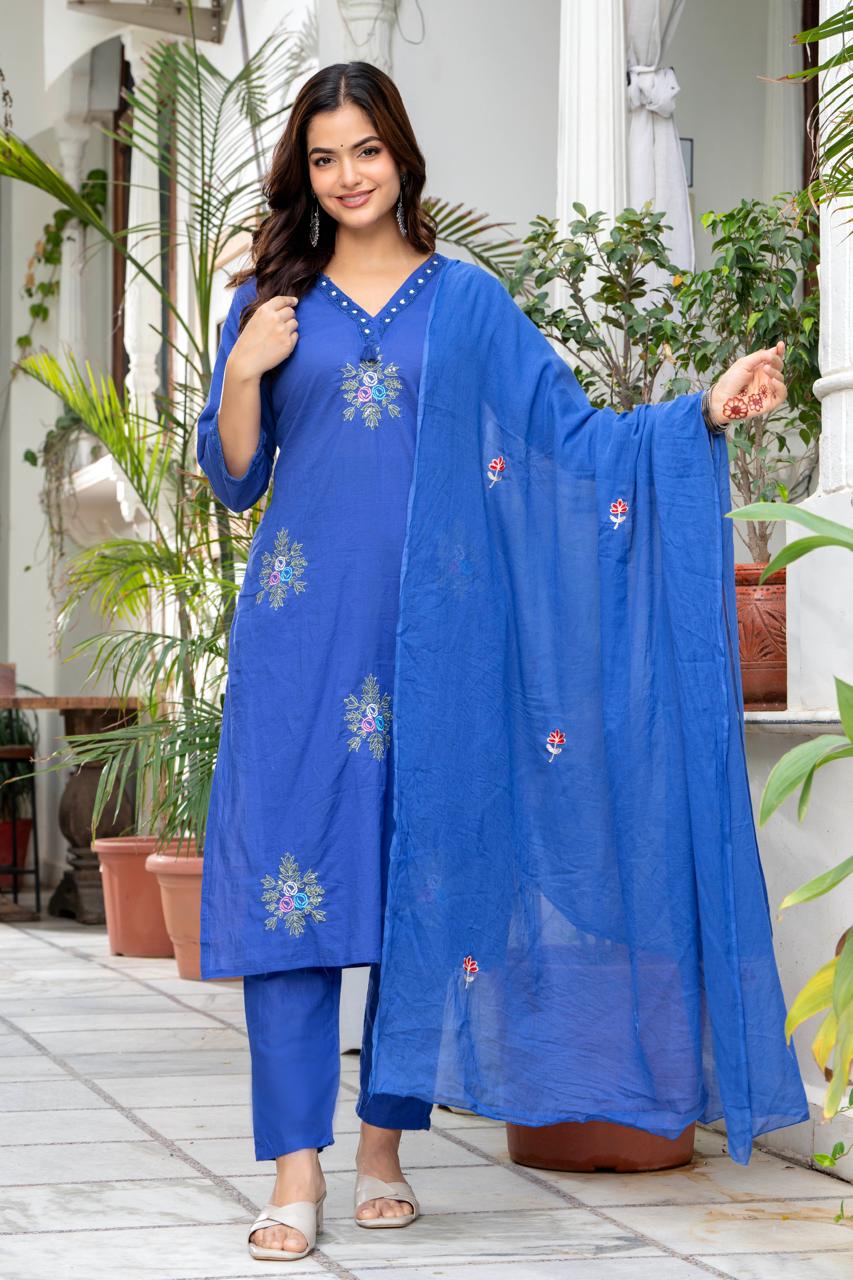 Royal Blue Floral Embroidered Kurta Pant Set with Dupatta