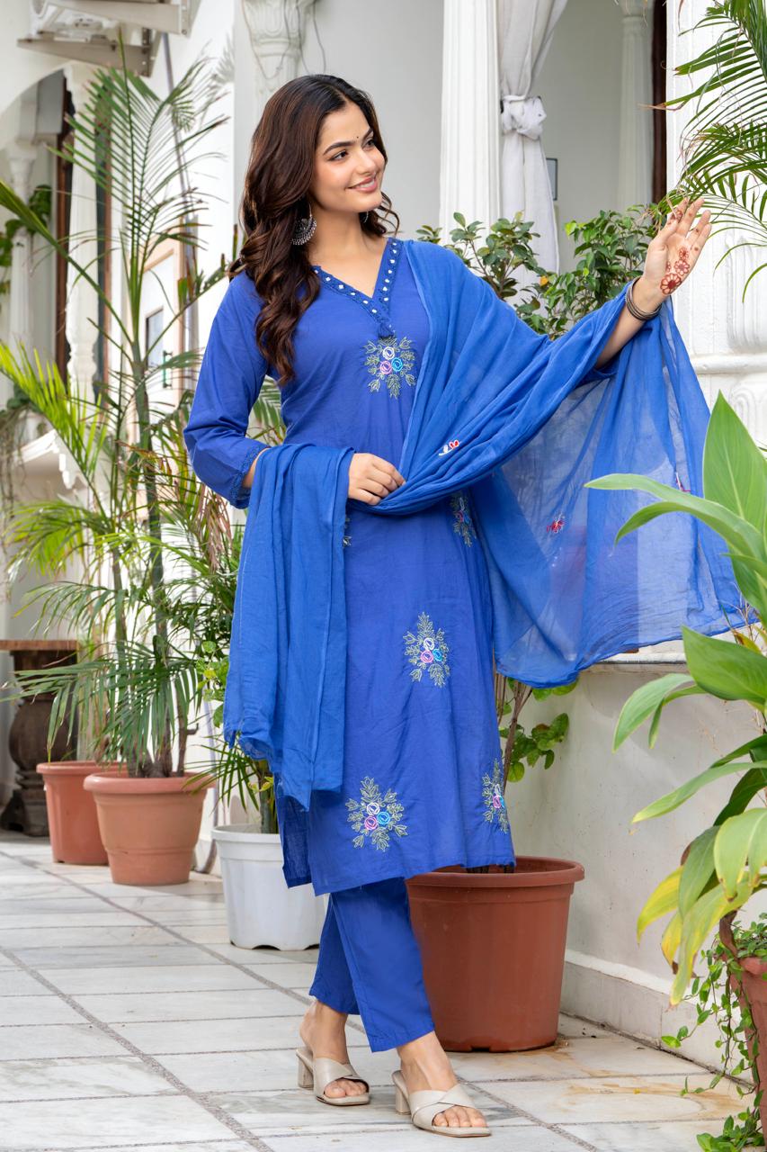 Royal Blue Floral Embroidered Kurta Pant Set with Dupatta