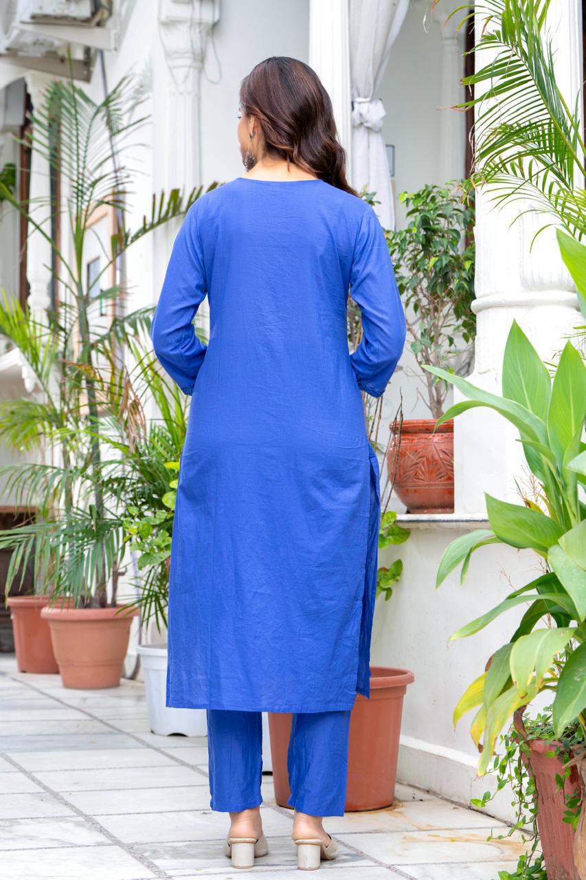 Royal Blue Floral Embroidered Kurta Pant Set with Dupatta