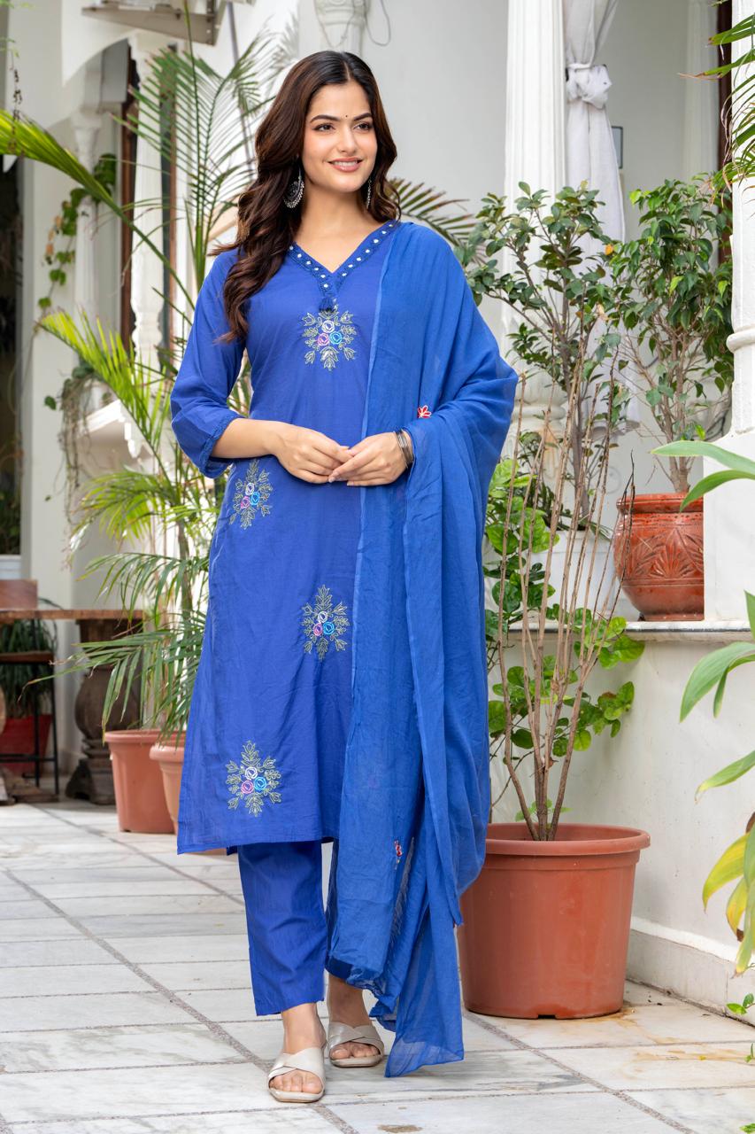 Royal Blue Floral Embroidered Kurta Pant Set with Dupatta