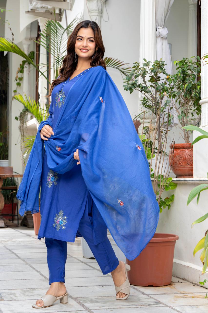 Royal Blue Floral Embroidered Kurta Pant Set with Dupatta
