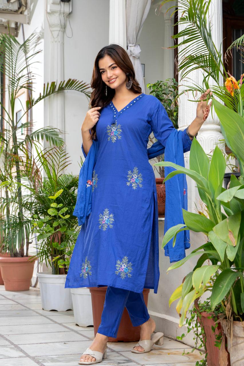 Royal Blue Floral Embroidered Kurta Pant Set with Dupatta
