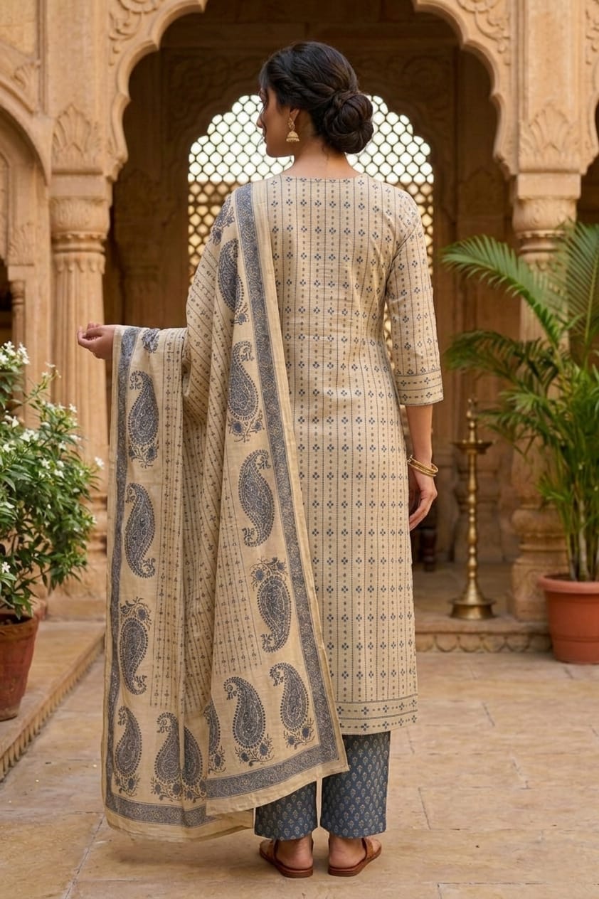 Heritage Beige Paisley Printed Kurta Pant Set with Dupatta