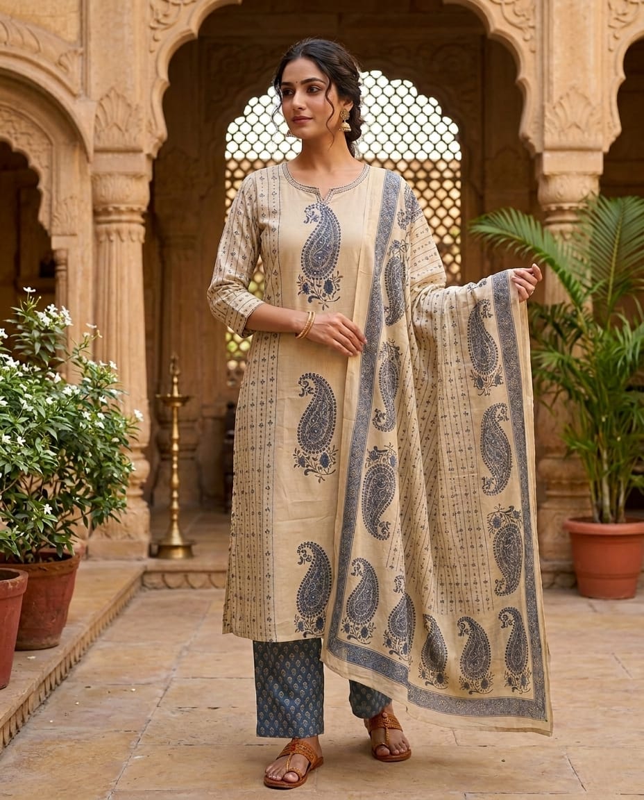 Heritage Beige Paisley Printed Kurta Pant Set with Dupatta