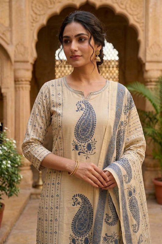 Heritage Beige Paisley Printed Kurta Pant Set with Dupatta