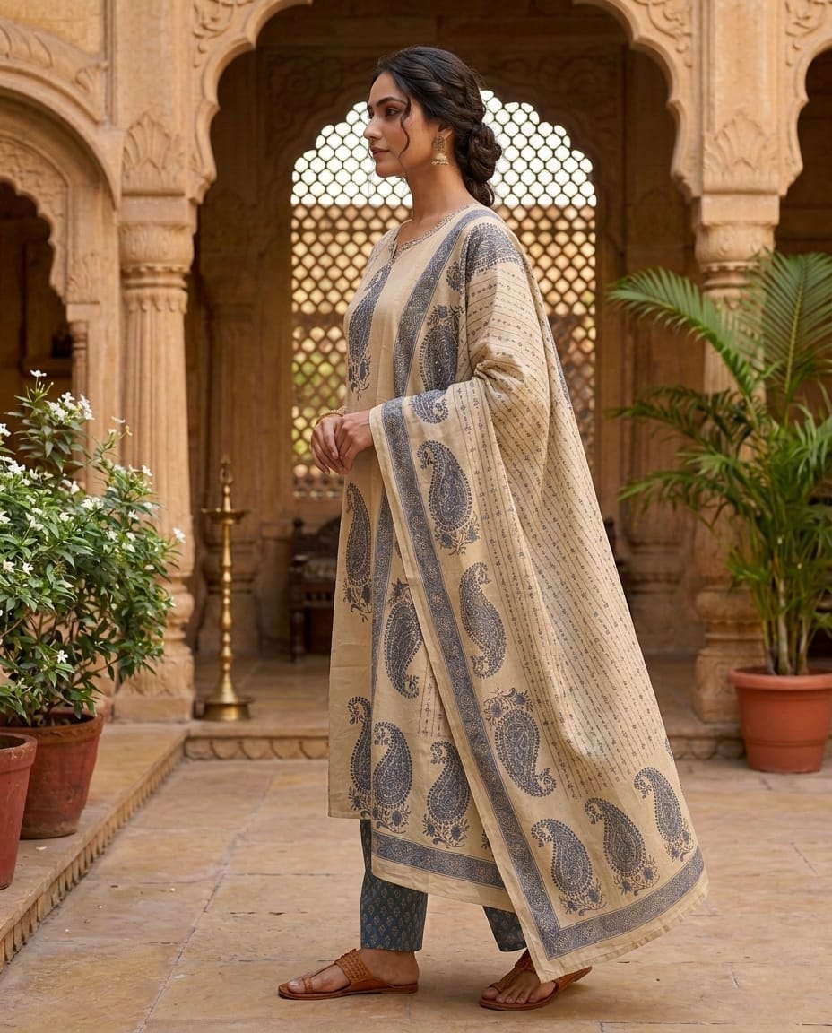 Heritage Beige Paisley Printed Kurta Pant Set with Dupatta