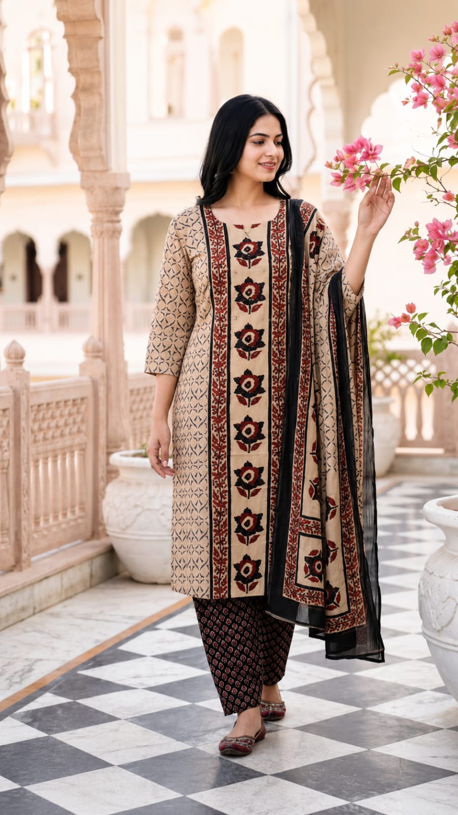 Earthy Beige Floral Block Print Kurta Pant Set with Dupatta
