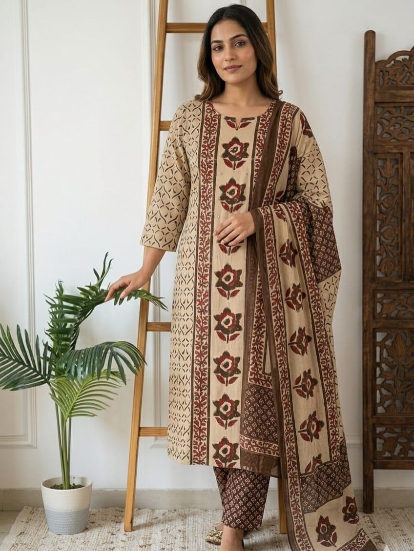 Earthy Beige Floral Block Print Kurta Pant Set with Dupatta