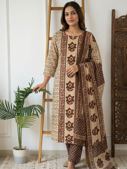 Earthy Beige Floral Block Print Kurta Pant Set with Dupatta