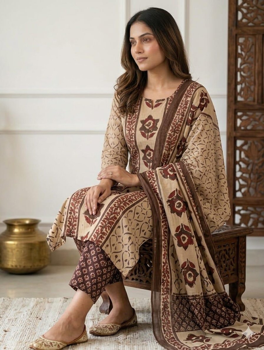 Earthy Beige Floral Block Print Kurta Pant Set with Dupatta