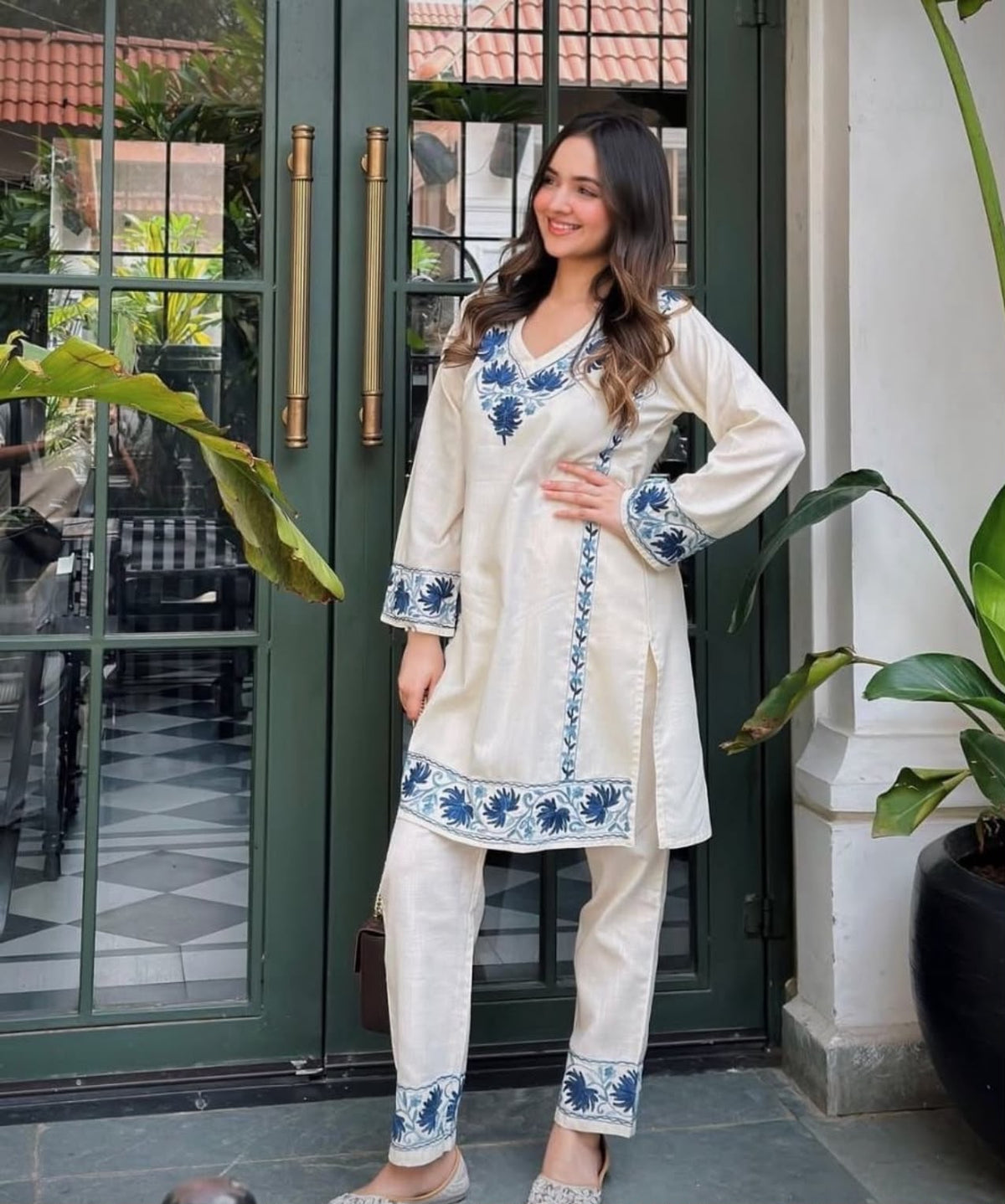 White Blue Floral Embroidered Kurta Pant Set