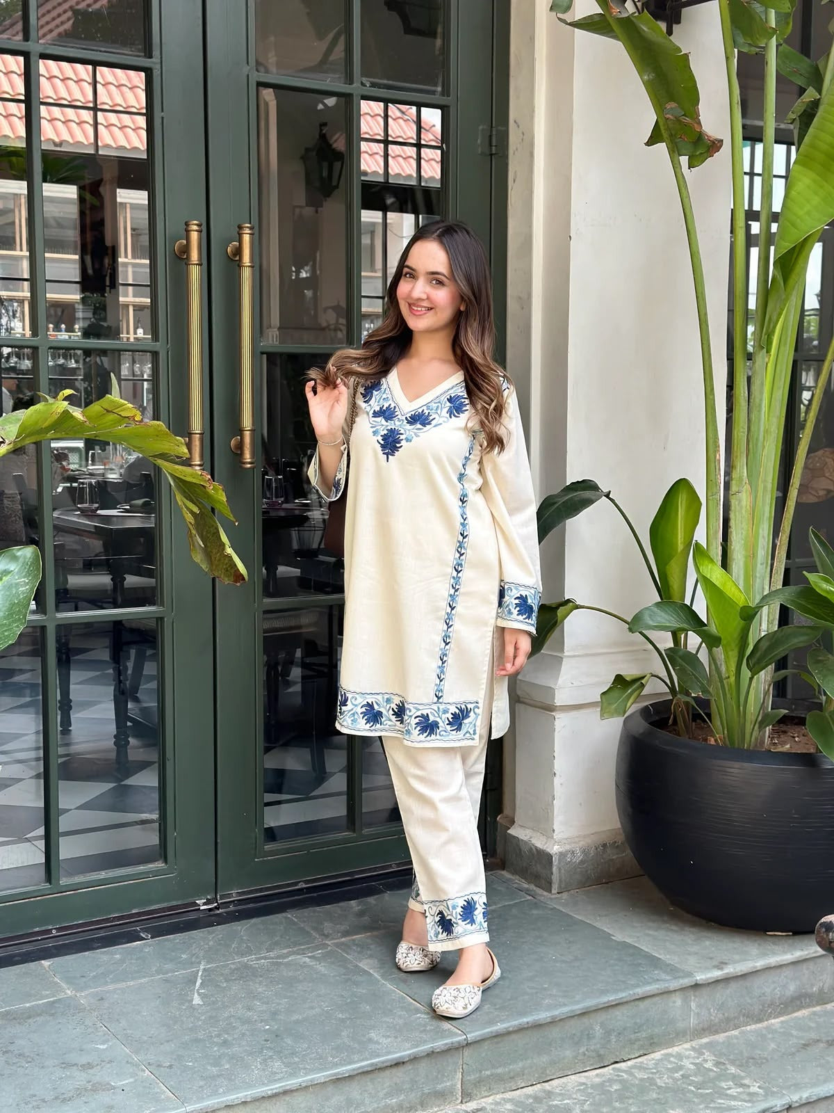 White Blue Floral Embroidered Kurta Pant Set