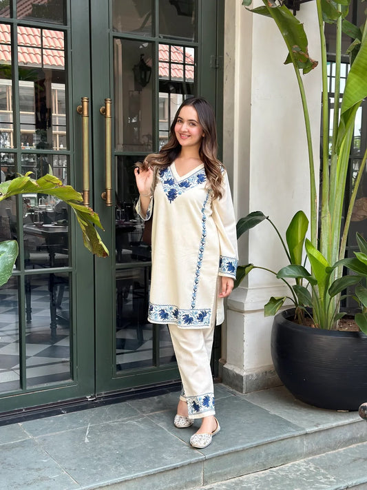 White Blue Floral Embroidered Kurta Pant Set