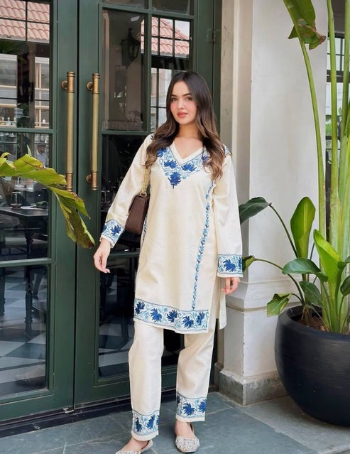 White Blue Floral Embroidered Kurta Pant Set