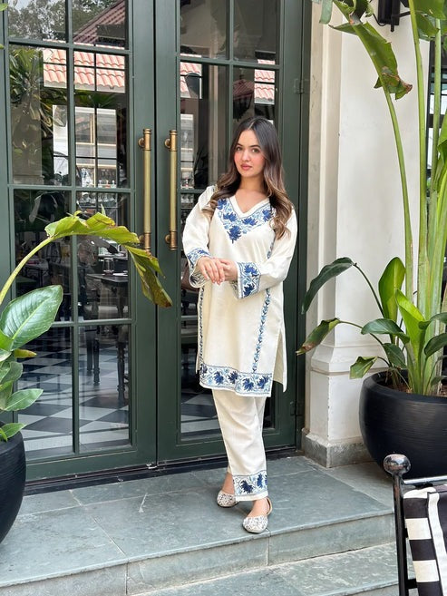 White Blue Floral Embroidered Kurta Pant Set