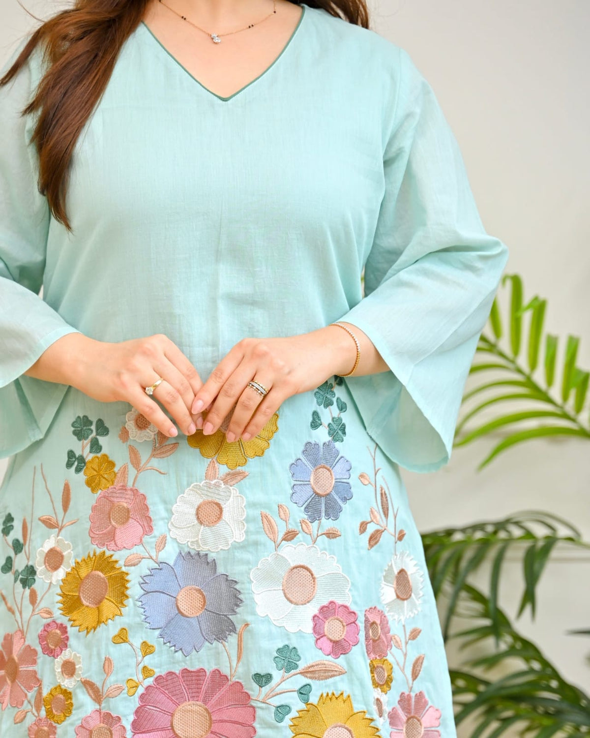 Mint Green Floral Embroidered Kurta Pant Set