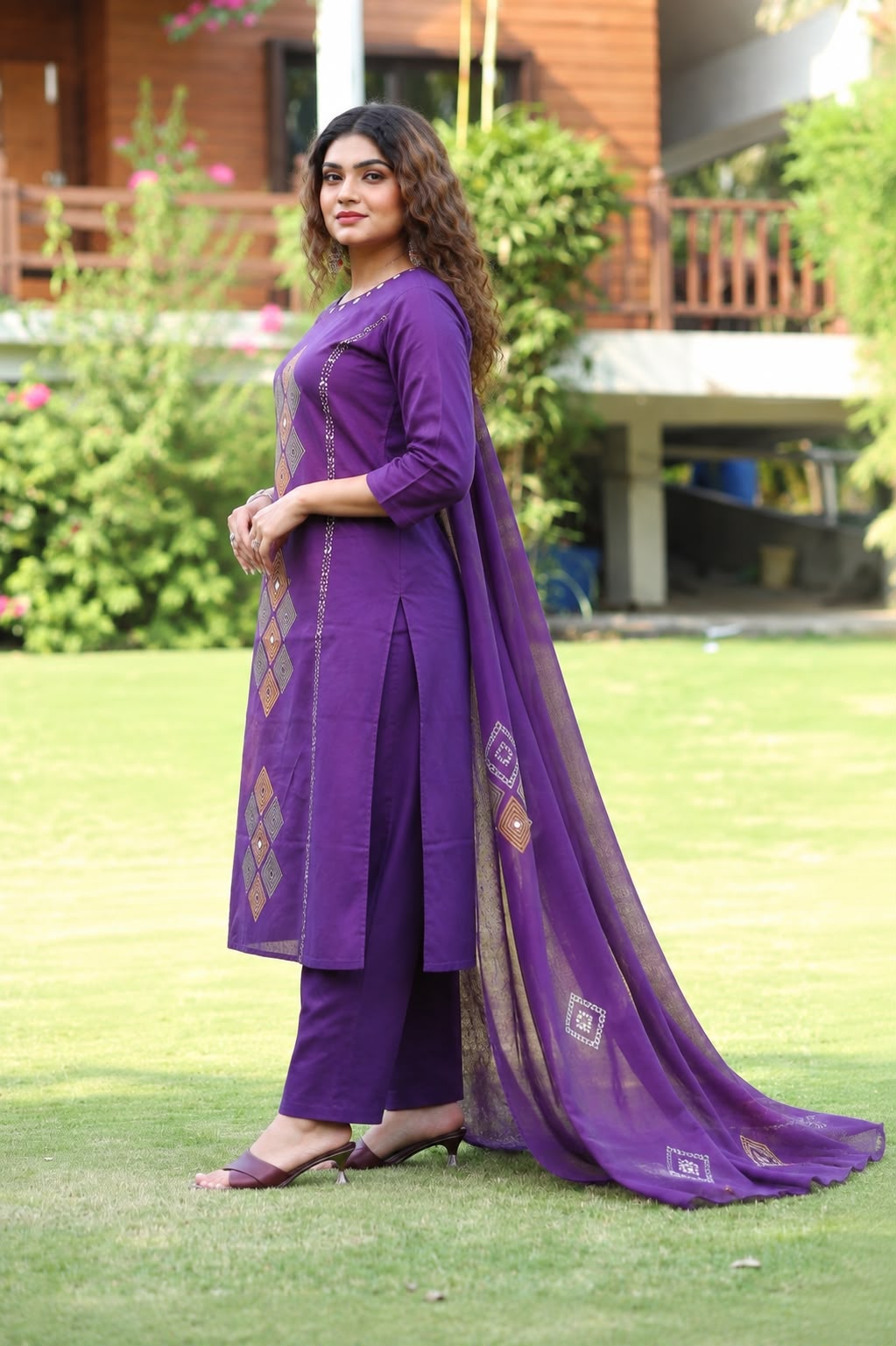 Purple Embroidered Kurta Pant Set With Dupatta For Women