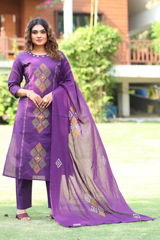 Purple Embroidered Kurta Pant Set With Dupatta For Women