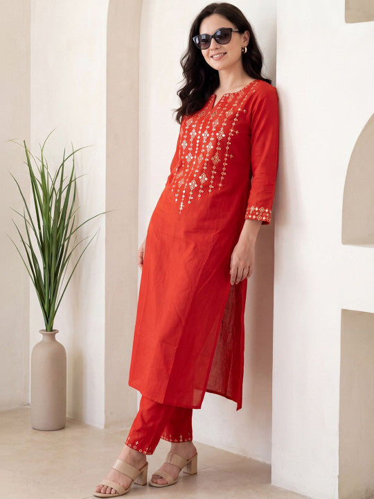Orange Embroidered Straight Kurta Pant Set For Women