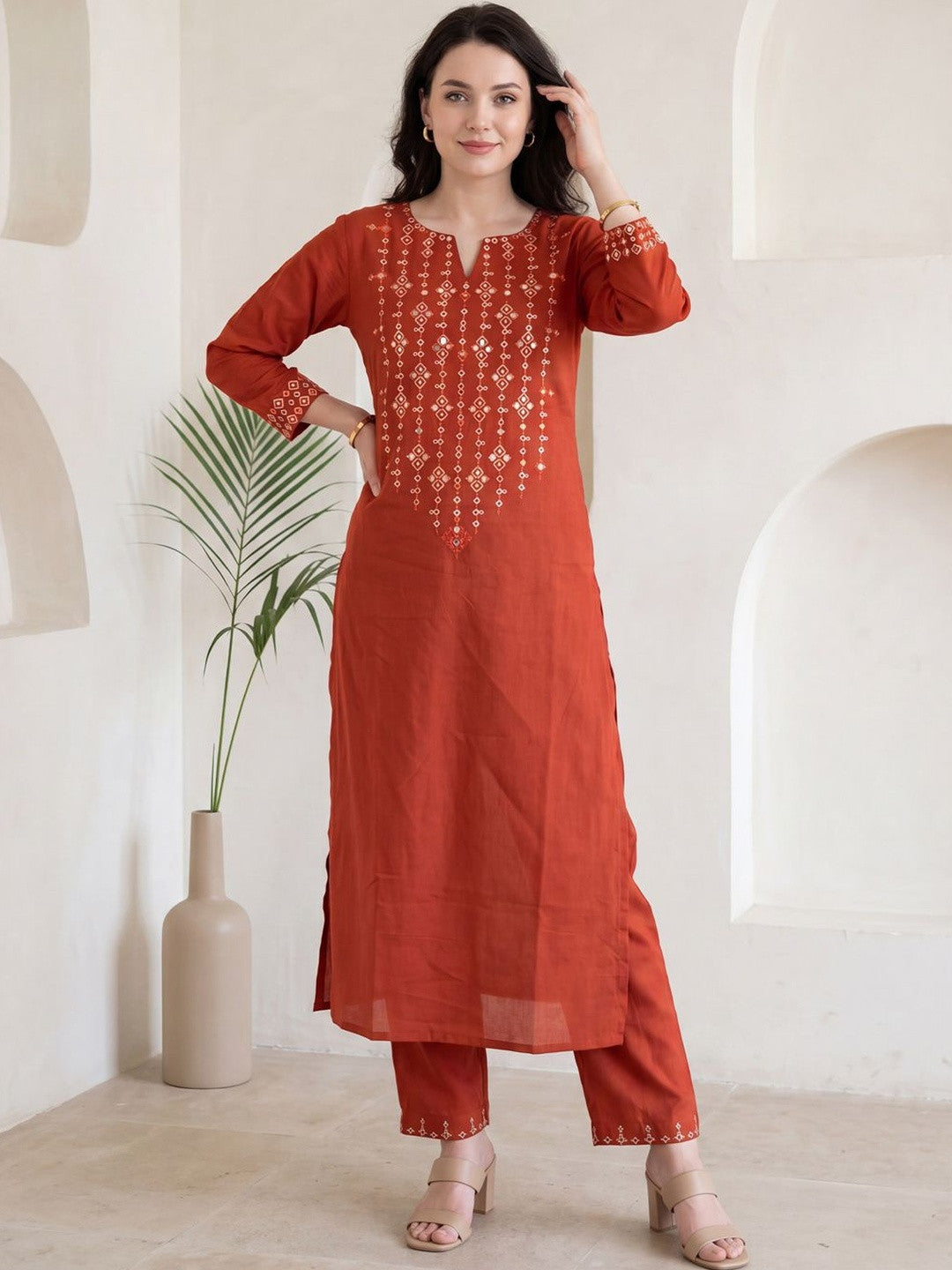 Orange Embroidered Straight Kurta Pant Set For Women