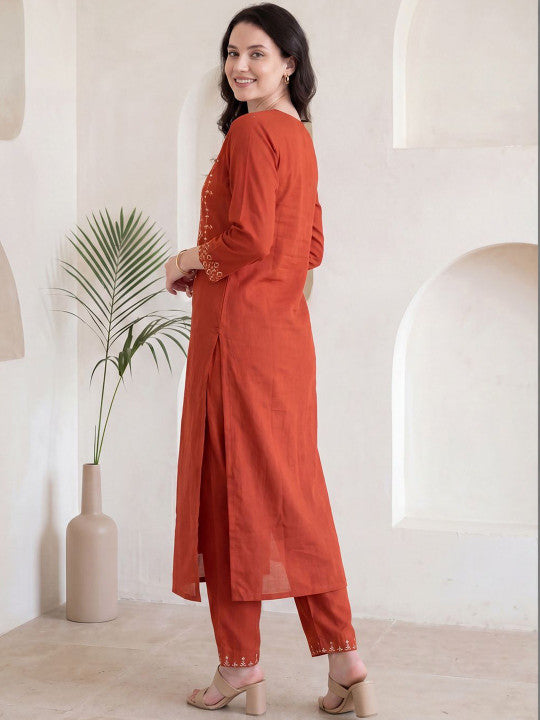 Orange Embroidered Straight Kurta Pant Set For Women