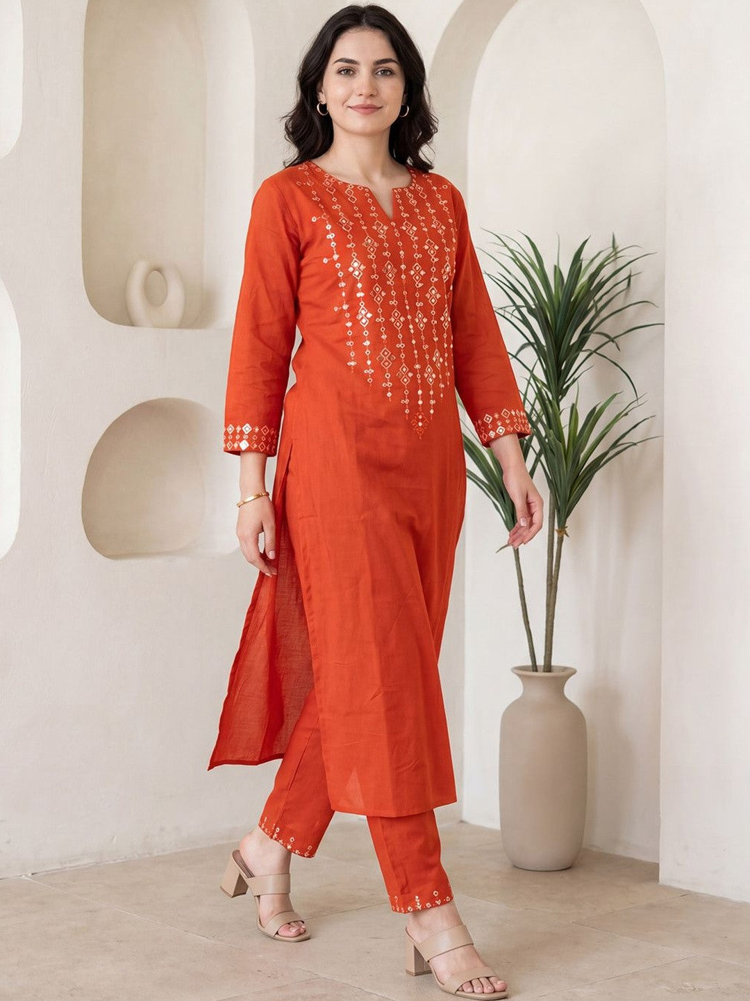 Orange Embroidered Straight Kurta Pant Set For Women