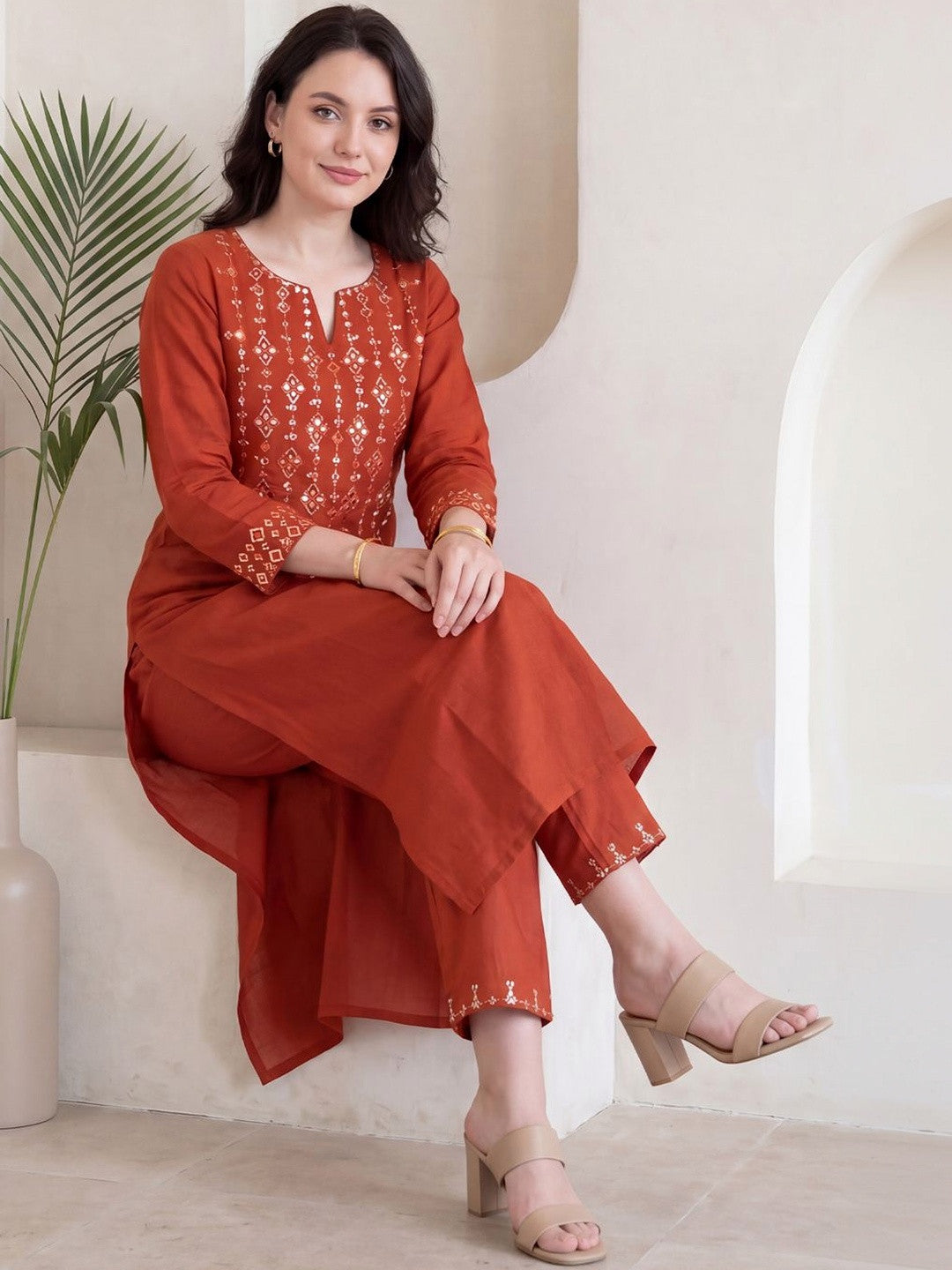 Orange Embroidered Straight Kurta Pant Set For Women