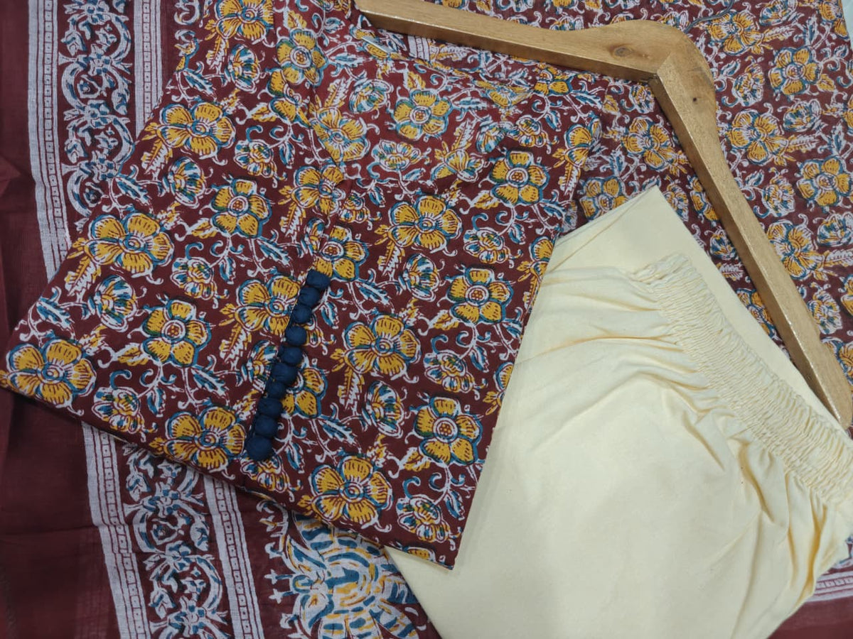 Brown Floral Printed Kurta Pant Dupatta Set for Women