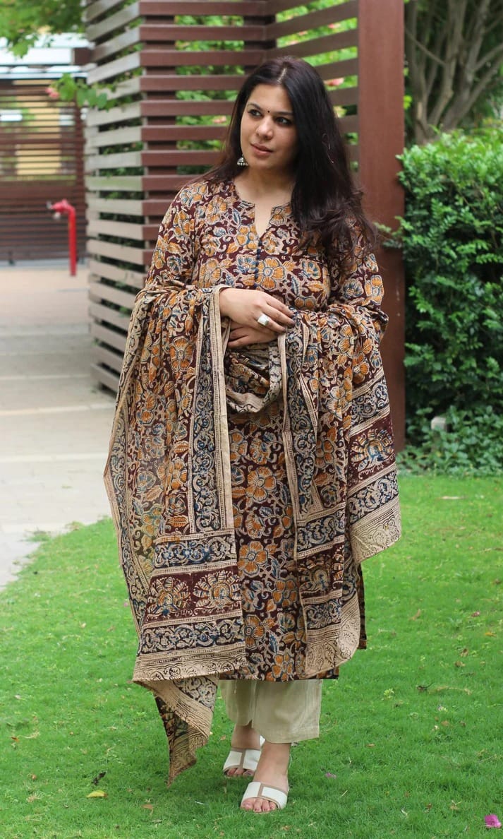 Brown Floral Printed Kurta Pant Dupatta Set for Women