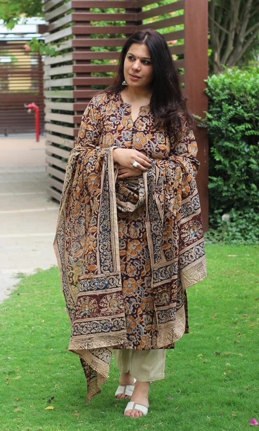 Brown Floral Printed Kurta Pant Dupatta Set for Women