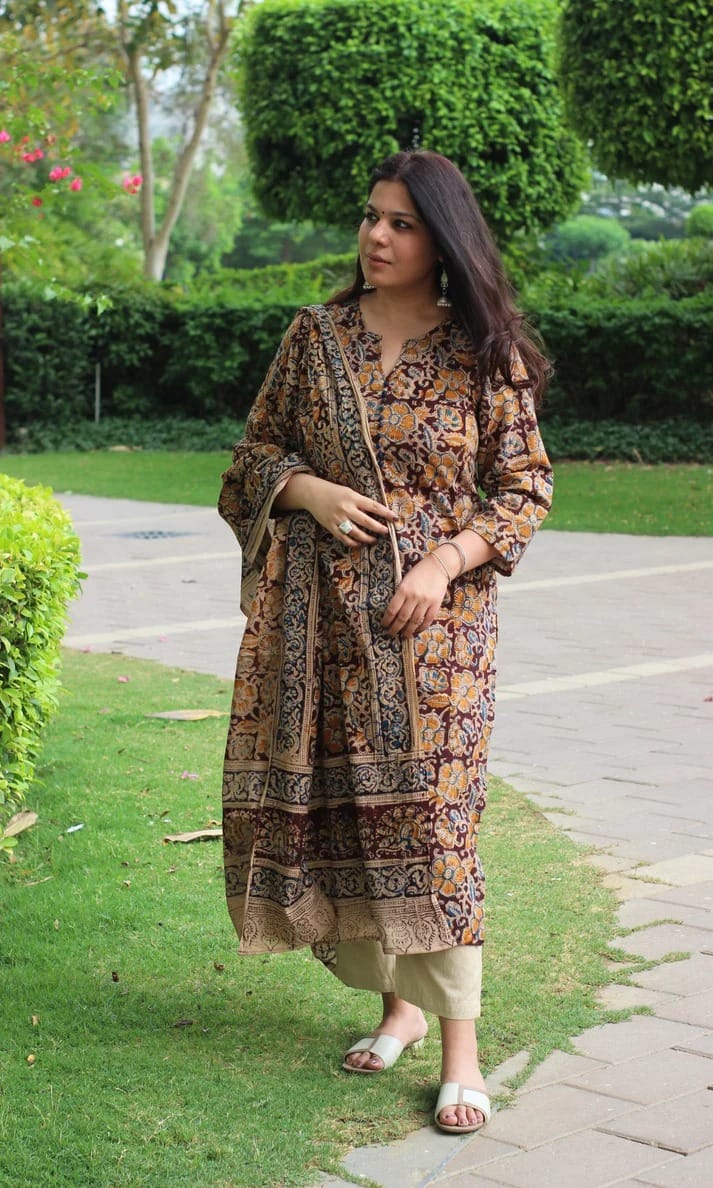 Brown Floral Printed Kurta Pant Dupatta Set for Women