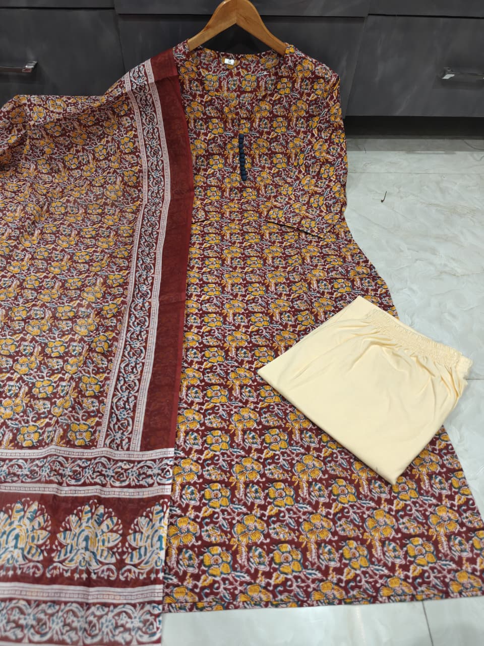 Brown Floral Printed Kurta Pant Dupatta Set for Women