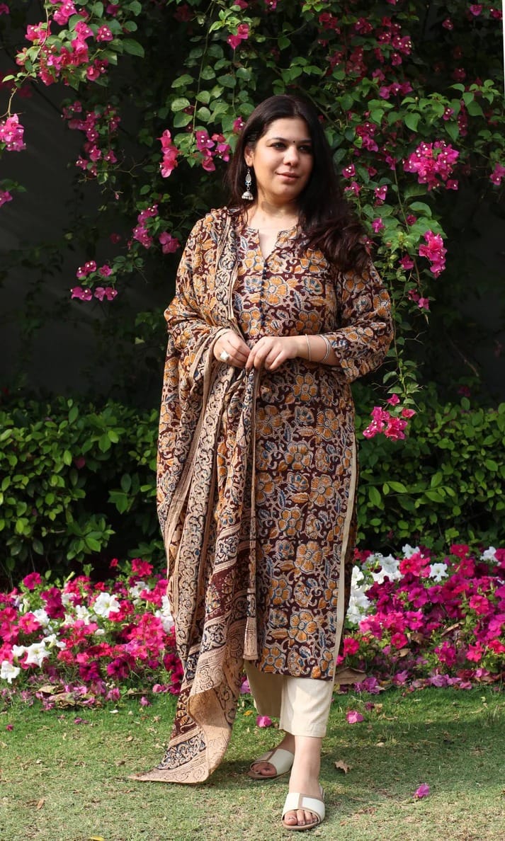 Brown Floral Printed Kurta Pant Dupatta Set for Women
