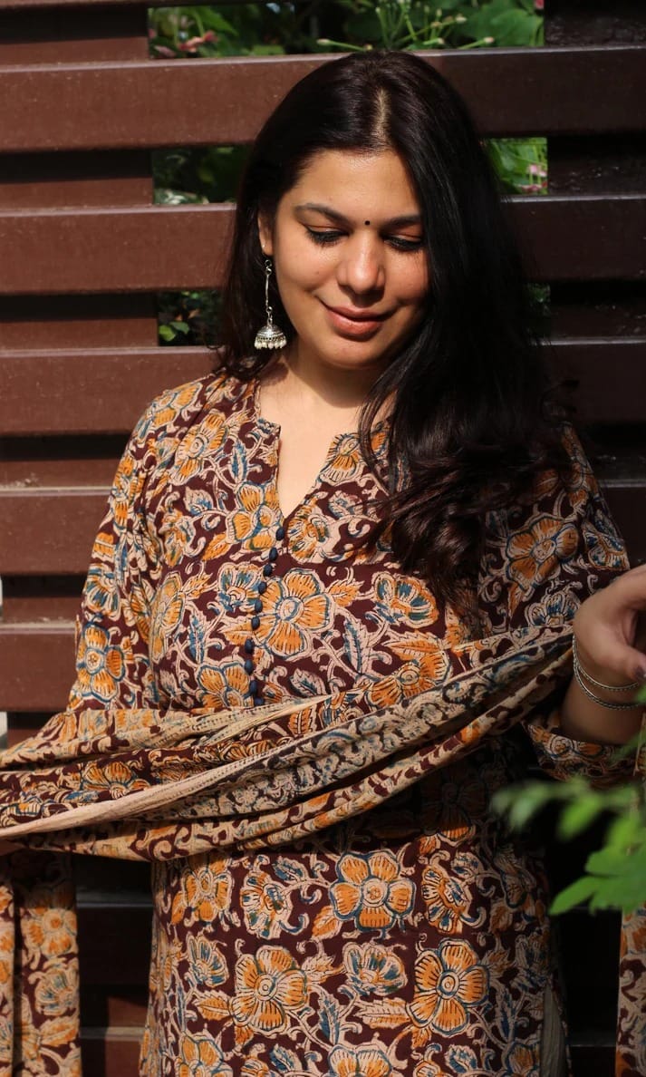 Brown Floral Printed Kurta Pant Dupatta Set for Women