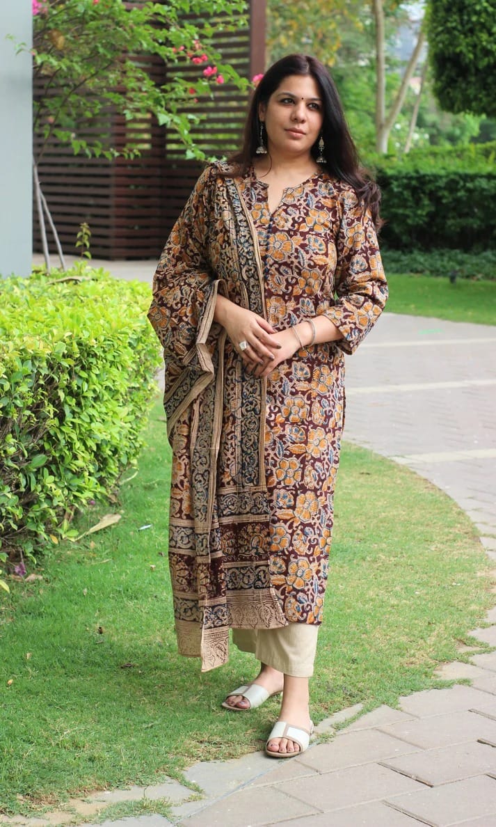 Brown Floral Printed Kurta Pant Dupatta Set for Women