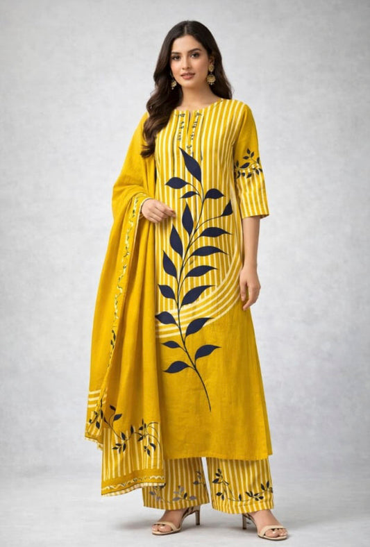Mustard Yellow Printed Kurta Palazzo Dupatta Set for Women