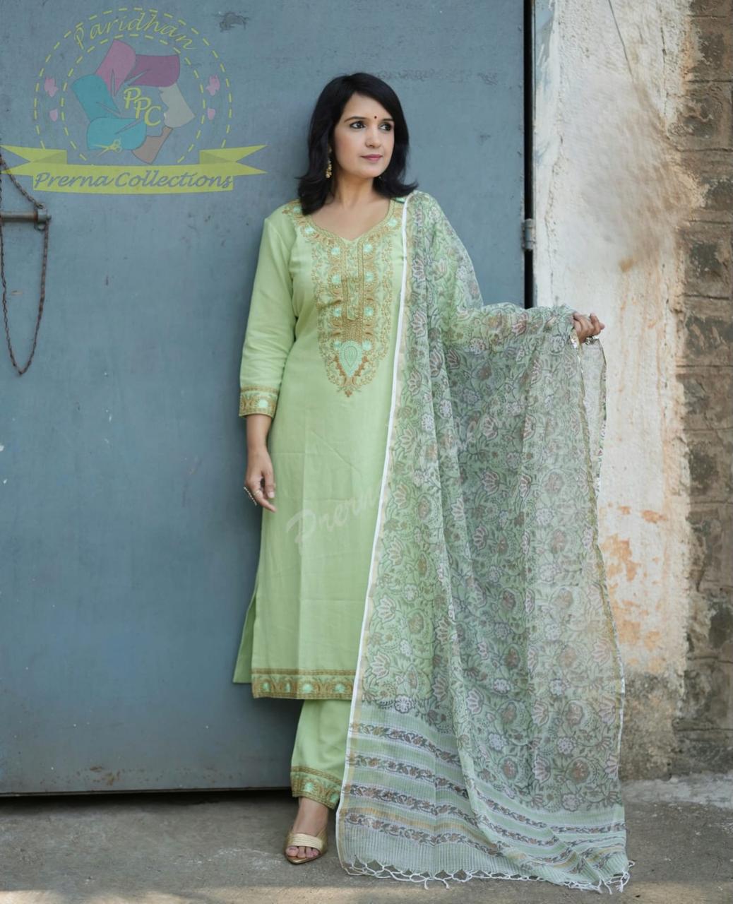 Pista Green Embroidered Kurta Pant Dupatta Set for Women