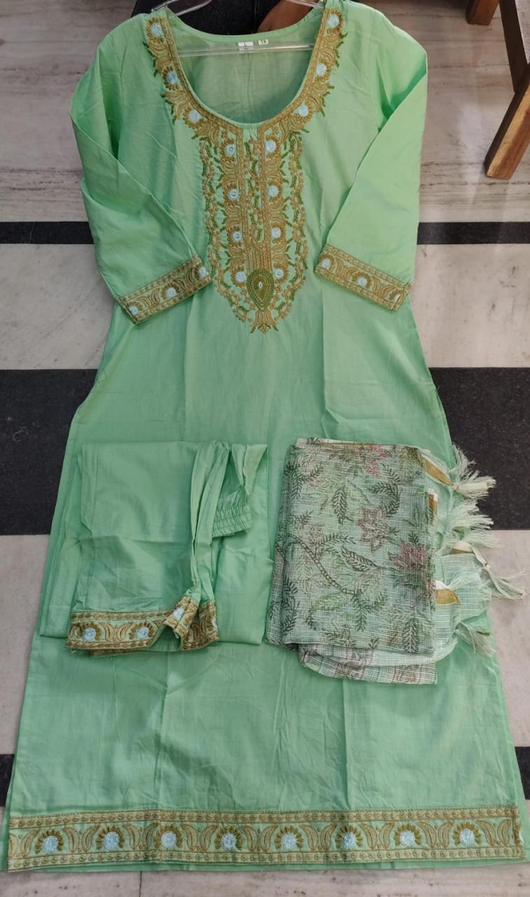 Pista Green Embroidered Kurta Pant Dupatta Set for Women