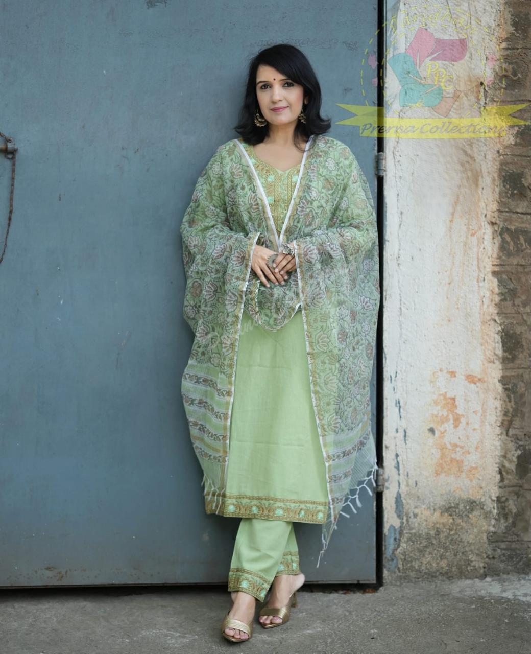 Pista Green Embroidered Kurta Pant Dupatta Set for Women