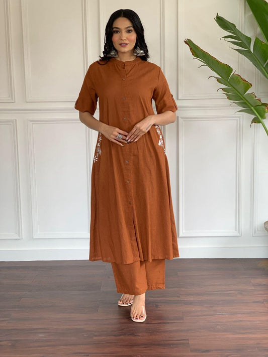 Rust Brown Embroidered A-Line Kurta Pant Set for Women